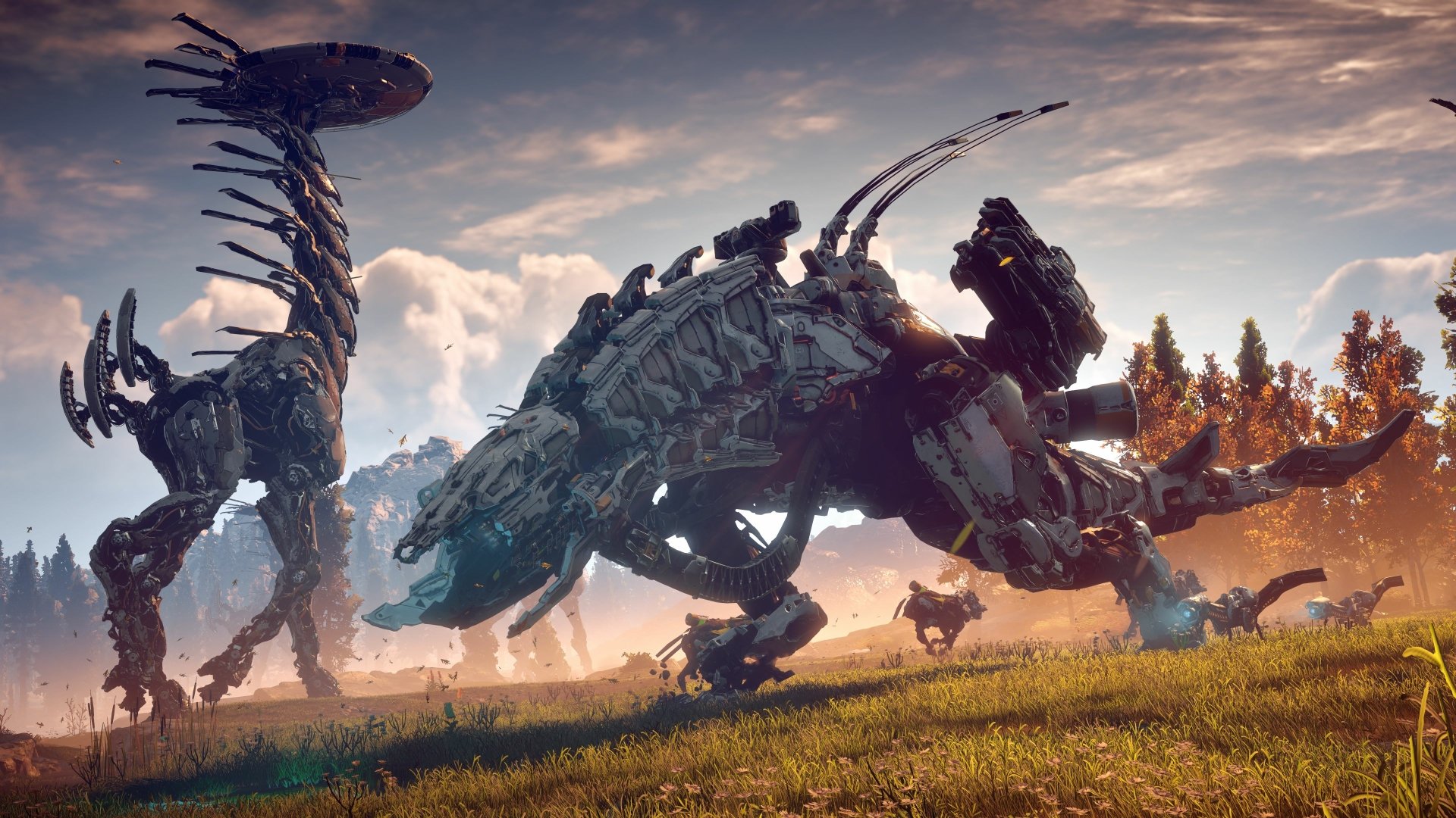 A stunning 4K Ultra HD wallpaper from Horizon Zero Dawn, showcasing robotic creatures in a vibrant, natural landscape under a dramatic sky.