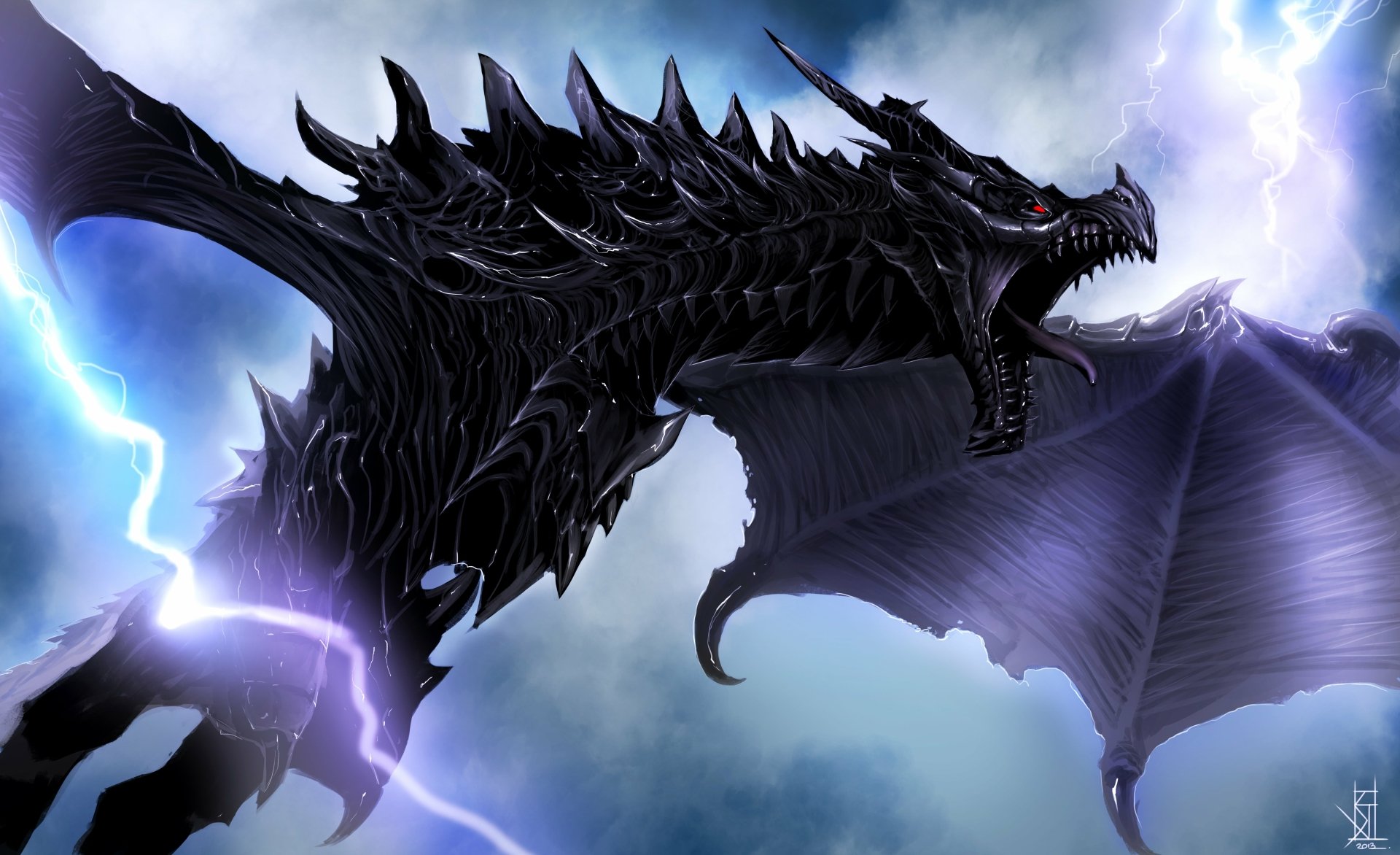A fierce dragon with red eyes, Alduin the World-Eater, soars through a stormy sky, surrounded by lightning, in this stunning 4K Ultra HD wallpaper from The Elder Scrolls V: Skyrim.