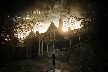 A dark, atmospheric scene from Resident Evil 7: Biohazard featuring a looming, abandoned mansion shrouded in eerie shadows, setting a chilling tone for fans of the game.