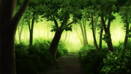HD anime forest scene with lush green trees and a sunlit path, creating a tranquil atmosphere for a desktop wallpaper and background.