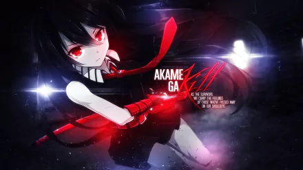 A striking HD desktop wallpaper featuring Akame from Akame Ga Kill! with fierce red eyes, a dynamic pose, and a bold graphic design emphasizing the title.