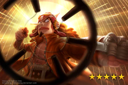 HD desktop wallpaper featuring Usopp from the anime One Piece, capturing a dynamic action pose with vibrant lighting and a dramatic perspective, accompanied by a 5-star rating.