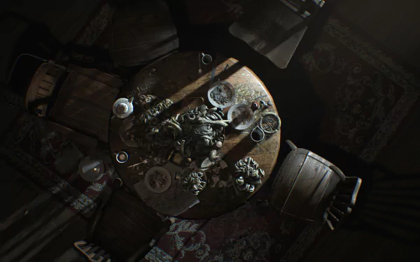Resident Evil 7: Biohazard video game HD PC desktop wallpaper — overhead view of a decayed round dining table strewn with rotten food, plates and chairs in a dim, eerie room.