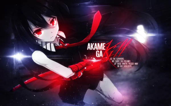 A striking HD desktop wallpaper featuring Akame from Akame Ga Kill! with fierce red eyes, a dynamic pose, and a bold graphic design emphasizing the title.