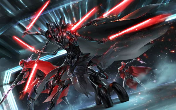 A striking HD wallpaper featuring General Grievous, the menacing Star Wars warrior, wielding multiple red lightsabers in a dynamic sci-fi battle scene.
