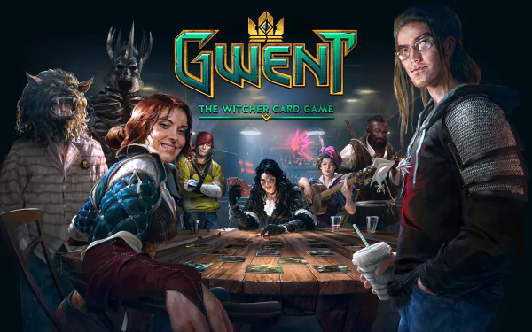 2K Quad HD PC desktop wallpaper/background for the video game Gwent: The Witcher Card Game — characters gather around a wooden table in a tavern, cards and the game logo visible.