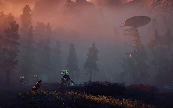 4K Ultra HD PC wallpaper from the video game Horizon Zero Dawn, featuring a misty forest with robotic creatures and a towering mechanical enemy in the distance at dusk.