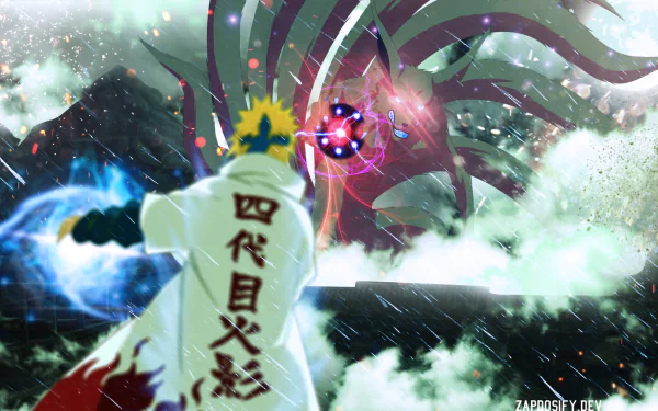A dynamic HD wallpaper featuring Kyūbi from Naruto and Minato Namikaze, showcasing an intense battle amidst swirling clouds and vibrant energy.