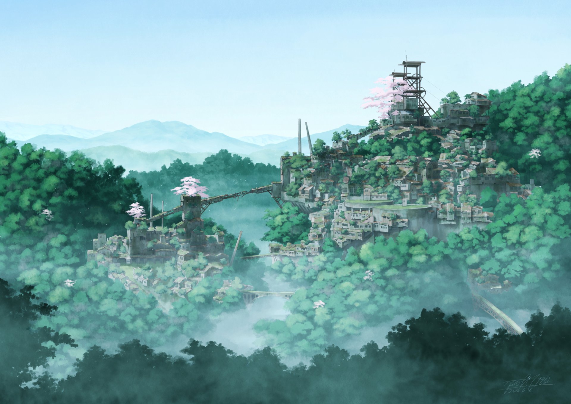 Anime-style HD PC desktop wallpaper depicting a serene, original landscape with lush green forests, misty mountains, and traditional stone structures connected by a narrow bridge.
