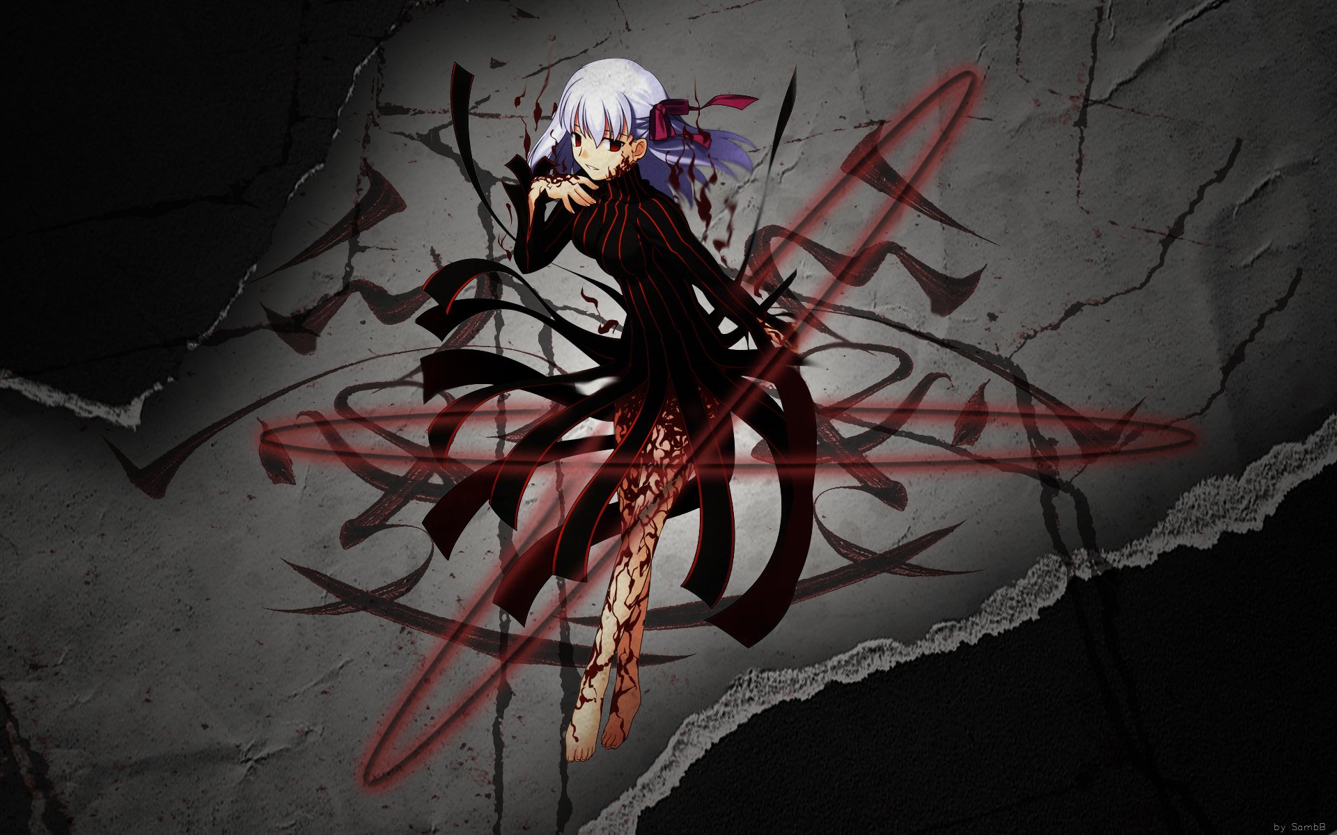 HD anime desktop wallpaper featuring Dark Sakura from Fate/Stay Night, showcasing her intense pose and dark, mystical aura against a cracked, textured background.