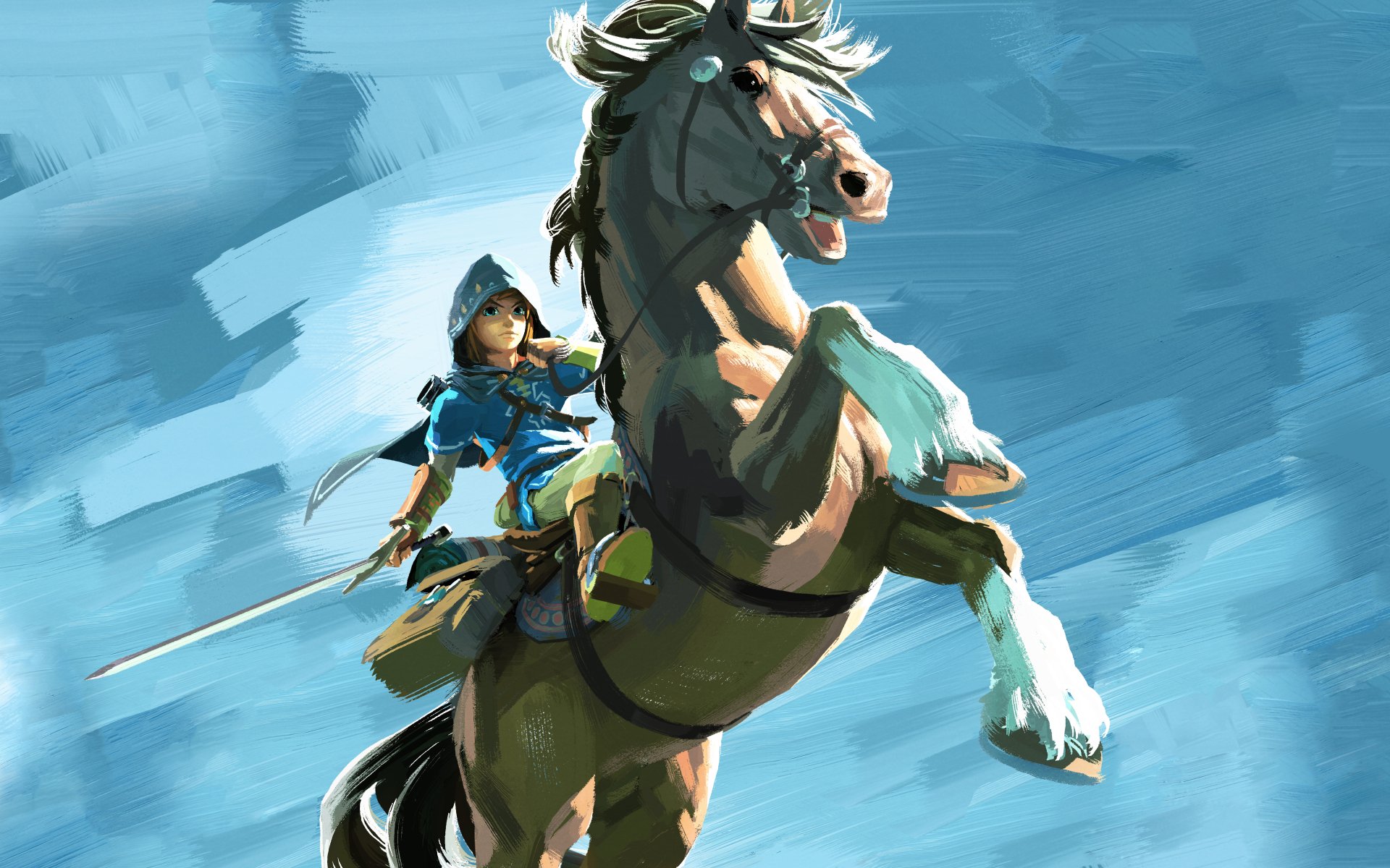 High-definition desktop wallpaper featuring Link from The Legend of Zelda: Breath of the Wild, riding a rearing horse against a dynamic, painterly blue background.