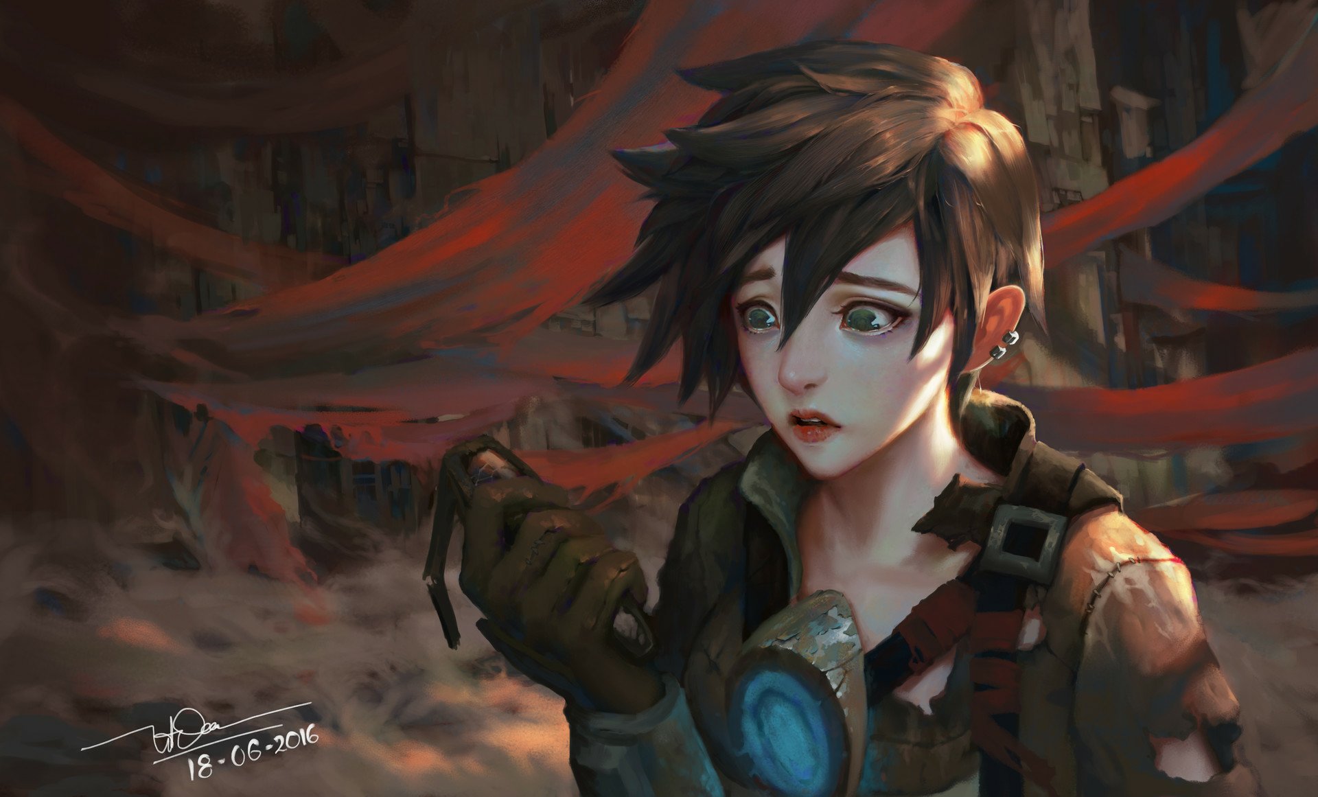 HD desktop wallpaper featuring Tracer, a character from the video game Overwatch, depicted in an artistic style with a somber expression against a dramatic, cloth-draped background.