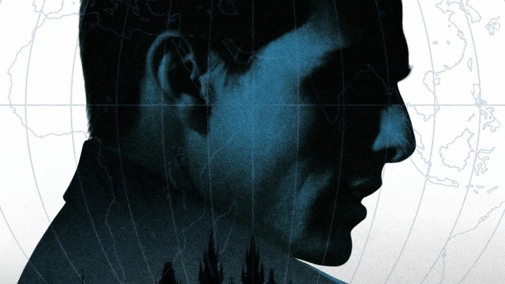 HD PC desktop wallpaper featuring a dark, moody profile of a man from the Mission: Impossible movie against a faint world map background.
