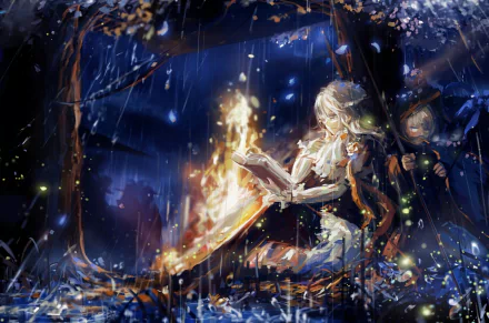 A captivating HD wallpaper featuring an ethereal scene from Pixiv Fantasia Fallen Kings, showcasing a figure reading by a warm flame amid a rain-soaked, enchanted forest.