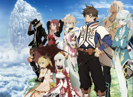 High-definition wallpaper featuring characters Zaveid, Mikleo, Alisha Diphda, and Sorey from *Tales of Zestiria the X*, set against a picturesque sky and landscape background.