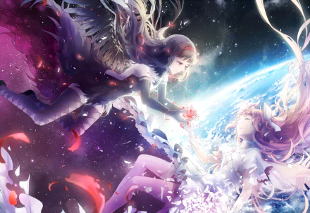 HD desktop wallpaper featuring Ultimate Madoka and Homura Akuma from Puella Magi Madoka Magica, set against a cosmic background with Madoka Kaname and Homura Akemi depicted beautifully in anime style.