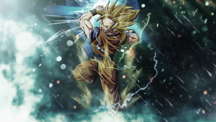 High-definition wallpaper featuring Goku in Super Saiyan 2 form from Dragon Ball Z, showcasing dynamic energy and vivid colors against a stormy background.