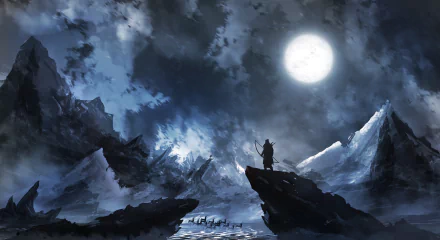A fantasy archer stands on a rocky outcrop in a moonlit mountain landscape, surrounded by dark clouds. The image is a HD desktop wallpaper featuring a nighttime scene with a warrior under a full moon.