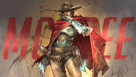 HD desktop wallpaper featuring McCree from Overwatch, showcasing the character in a dynamic pose with a red cape, futuristic attire, and a dramatic background.