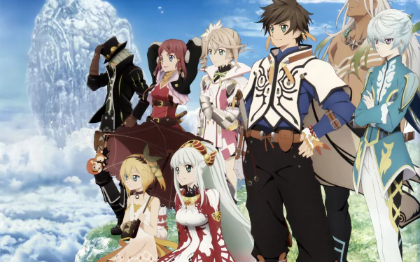 High-definition wallpaper featuring characters Zaveid, Mikleo, Alisha Diphda, and Sorey from *Tales of Zestiria the X*, set against a picturesque sky and landscape background.