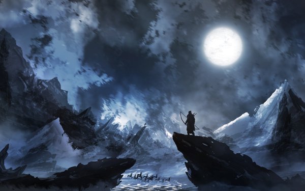 Fantasy Warrior Moon Landscape Mountain Night Archer HD Wallpaper | Background Image