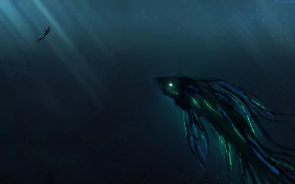 An enchanting underwater scene featuring a glowing sea monster illuminated by sunbeams, capturing a sense of fantasy and mystery in a 4K Ultra HD backdrop.