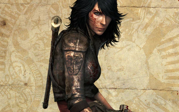 HD PC desktop wallpaper of a gritty video game heroine from Wet — bloodied, wet-haired, crouched with sword and pistol against a textured beige backdrop.