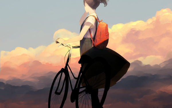 Anime Original Short Hair Ponytail Brown Hair Bicycle Cloud Sunset School Uniform Skirt Bag HD Wallpaper | Background Image