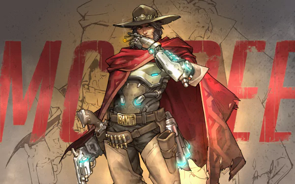 HD desktop wallpaper featuring McCree from Overwatch, showcasing the character in a dynamic pose with a red cape, futuristic attire, and a dramatic background.