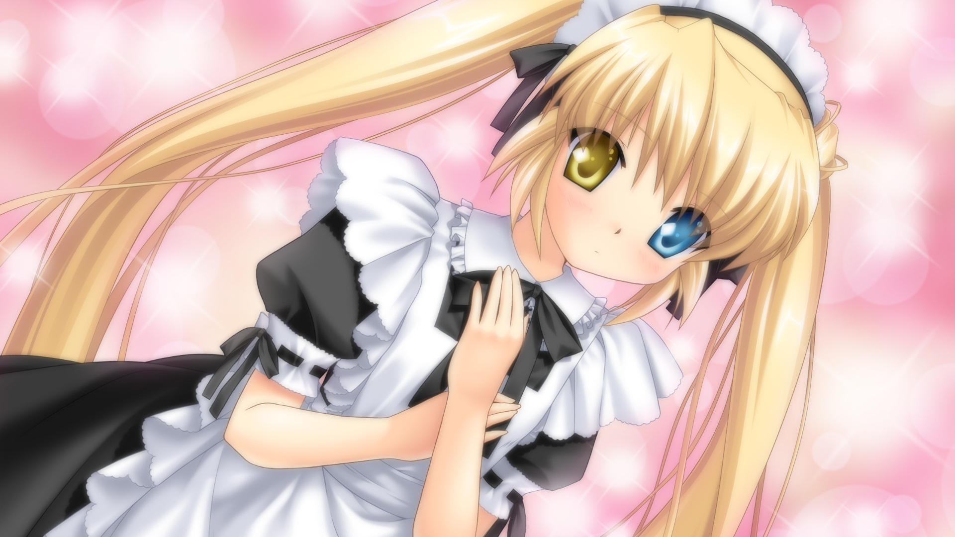 HD anime wallpaper featuring Shizuru Nakatsu from Rewrite, depicted in a detailed maid outfit with blonde twin tails and heterochromatic eyes against a soft pink background.