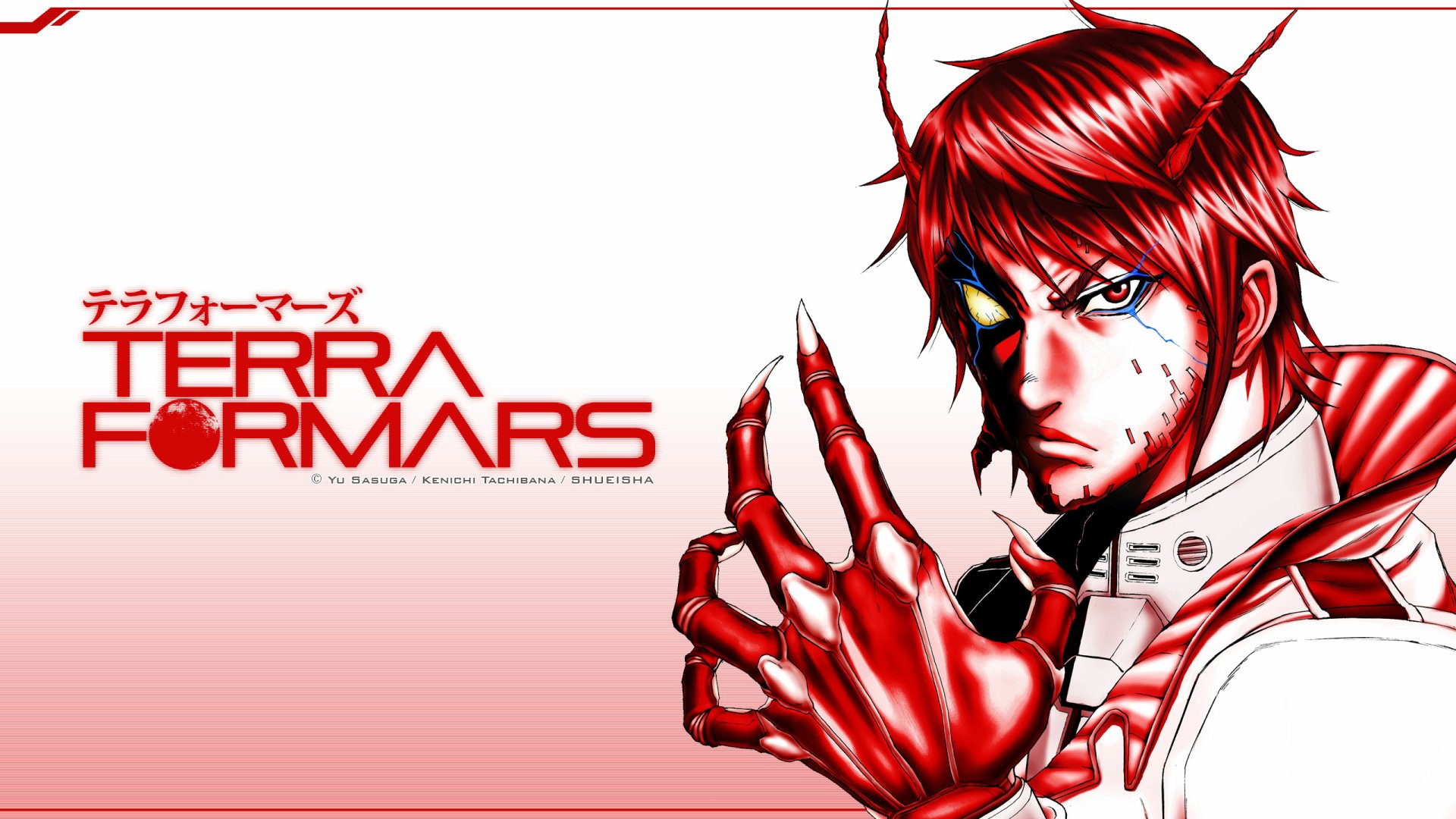 Akari Hizamaru from the anime Terra Formars is depicted in this HD wallpaper, showcasing a striking character design with vibrant colors and dynamic pose against a bold backdrop.