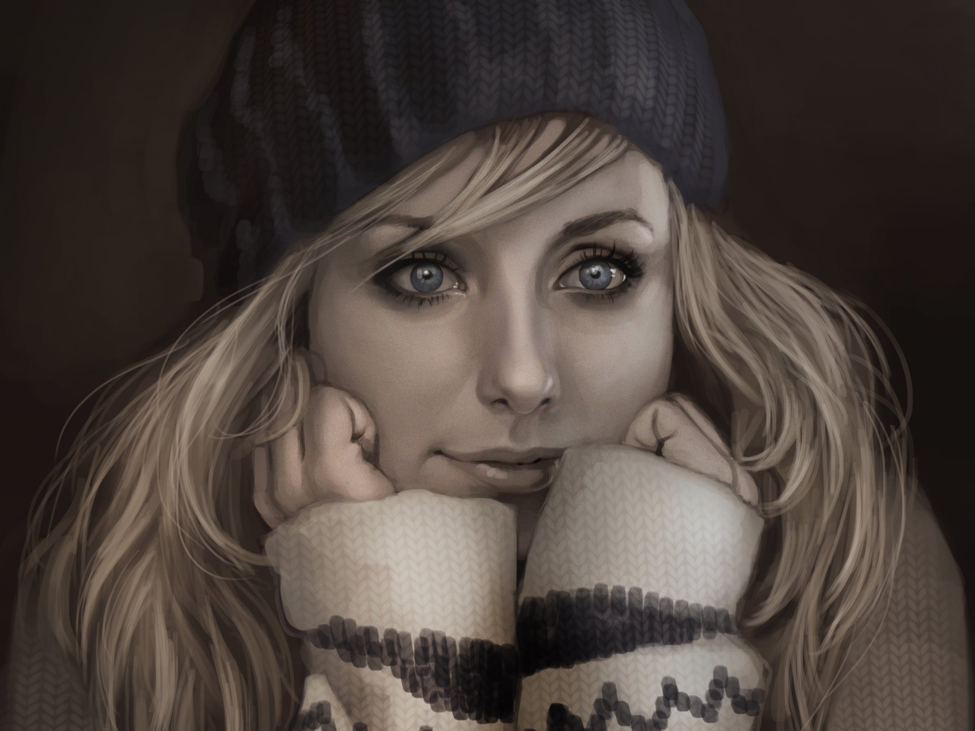 Artistic portrait of a contemplative young woman in a beanie, soft lighting, detailed eyes and knit gloves — 2K Quad HD PC desktop wallpaper and background.