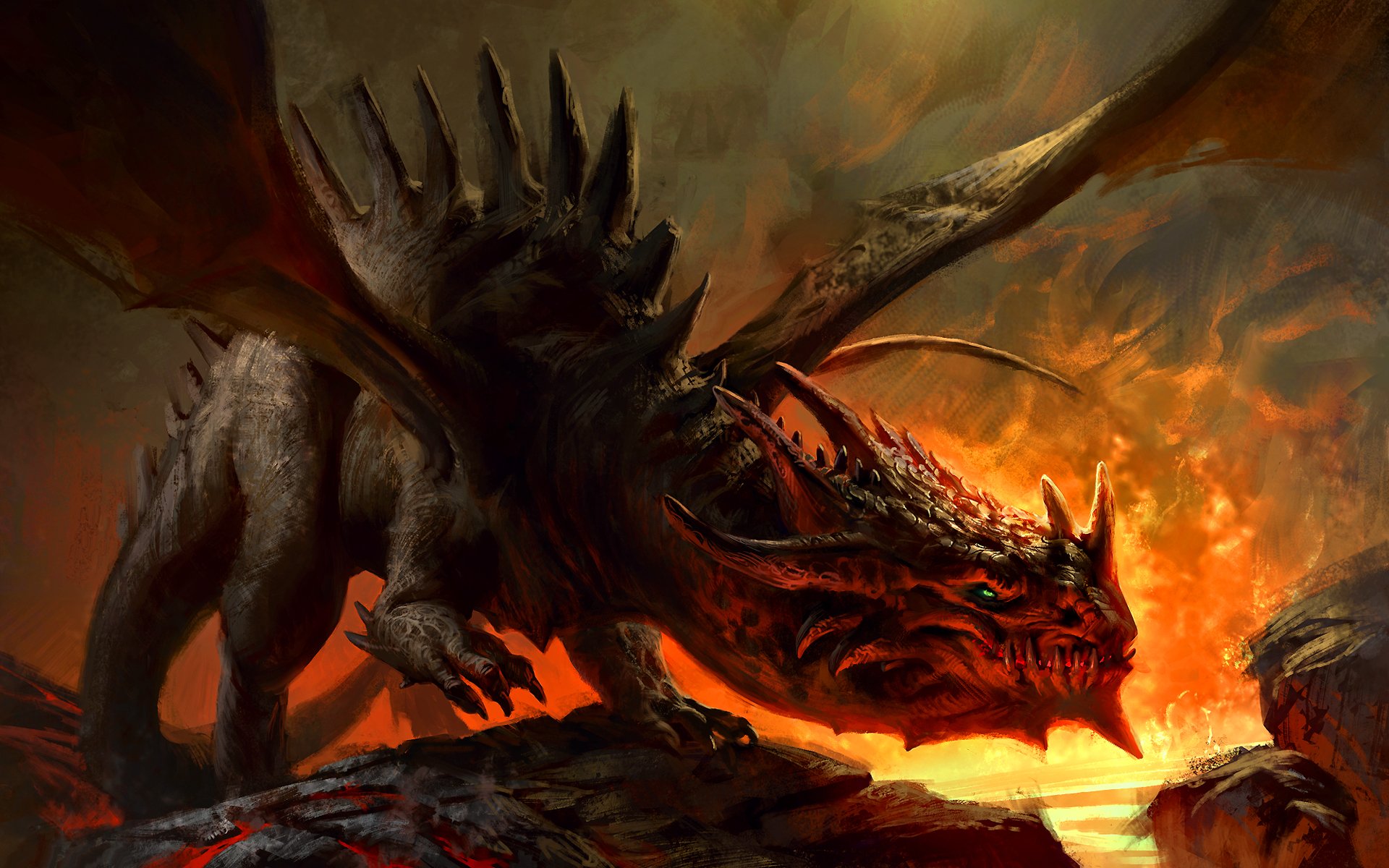 HD fantasy PC desktop wallpaper depicting a fierce dragon with dark scales and fiery breath against a blazing, volcanic background.