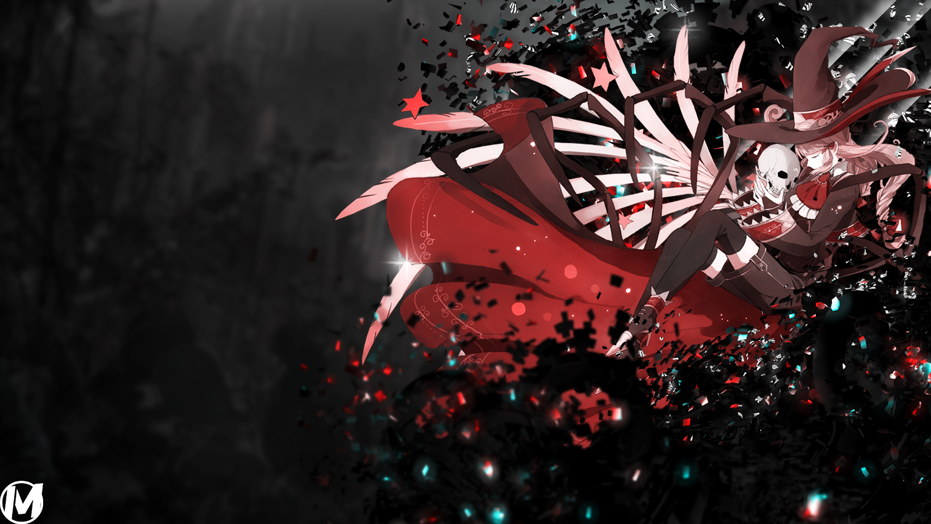 Anime original HD PC desktop wallpaper — dark textured background with a stylized skull and ribcage wrapped in flowing red ribbons, splintered black shards and teal sparks.