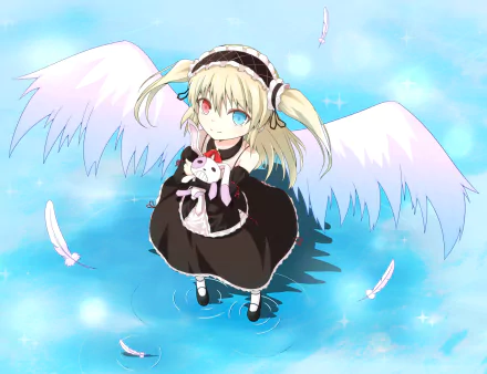 Anime HD wallpaper of Kobato Hasegawa from Boku Wa Tomodachi Ga Sukunai, smiling with heterochromia, wearing a headband, holding a plush, with long blonde hair and white wings.