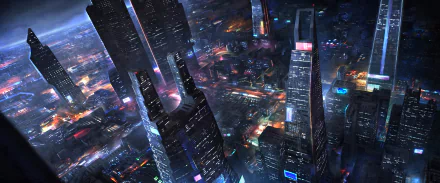 Futuristic cityscape featuring towering skyscrapers illuminated with neon lights, capturing a vibrant sci-fi metropolis at night in HD quality.