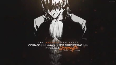 HD PC wallpaper: Chun-Woo Han (Nine Arts Dragon) from The Breaker — brooding monochrome anime portrait with torn suit and an overlay quote about courage and strength.