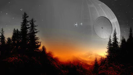 A stunning HD wallpaper inspired by Rogue One: A Star Wars Story, featuring a dramatic landscape with trees and the Death Star looming in the background against an orange sky.