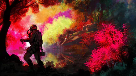 Sci-fi HD wallpaper featuring an astronaut exploring a vibrant, colorful alien landscape with bright pink, green, and yellow foliage, and a futuristic spaceship in the background.
