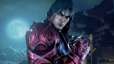 HD desktop wallpaper featuring Jin Kazama from Tekken 7, showing the character in a powerful pose with a moonlit background.