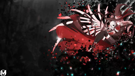 Anime original HD PC desktop wallpaper — dark textured background with a stylized skull and ribcage wrapped in flowing red ribbons, splintered black shards and teal sparks.