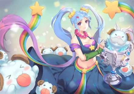 A colorful scene featuring Sona from League of Legends, adorned with a rainbow necklace and pink eyes, surrounded by cheerful creatures and holding a trophy.