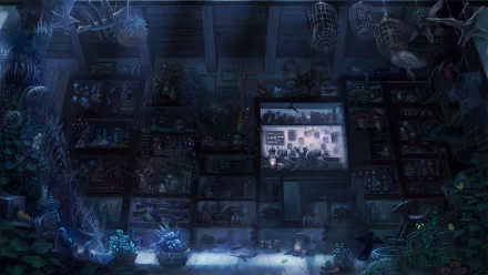 HD desktop wallpaper featuring a dimly lit room filled with shelves of plants, curiosities, and glowing monitors.