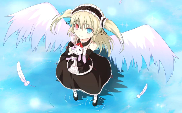 Anime HD wallpaper of Kobato Hasegawa from Boku Wa Tomodachi Ga Sukunai, smiling with heterochromia, wearing a headband, holding a plush, with long blonde hair and white wings.