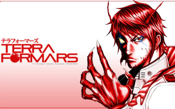 Akari Hizamaru from the anime Terra Formars is depicted in this HD wallpaper, showcasing a striking character design with vibrant colors and dynamic pose against a bold backdrop.