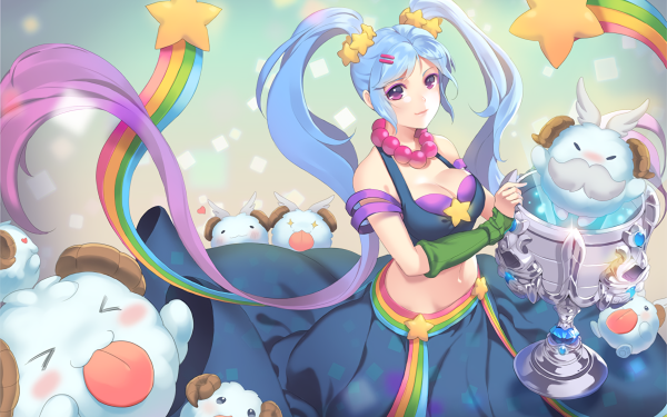 Video Game League Of Legends Sona Long Hair Twintails Smile Cup Pink Eyes Rainbow Necklace HD Wallpaper | Background Image