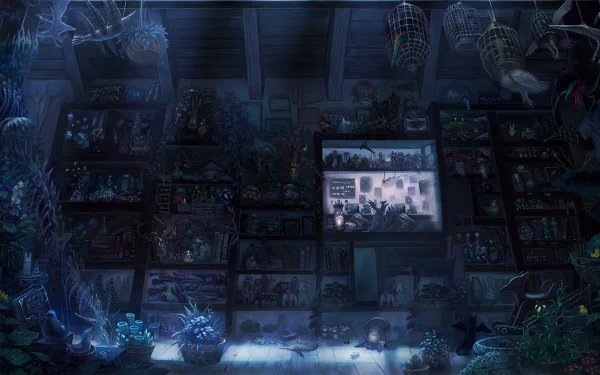 HD desktop wallpaper featuring a dimly lit room filled with shelves of plants, curiosities, and glowing monitors.