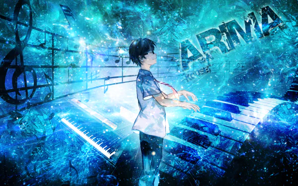 HD wallpaper featuring Kousei Arima from Your Lie in April, standing amidst swirling music notes and piano keys, creating a vibrant and emotional atmosphere.