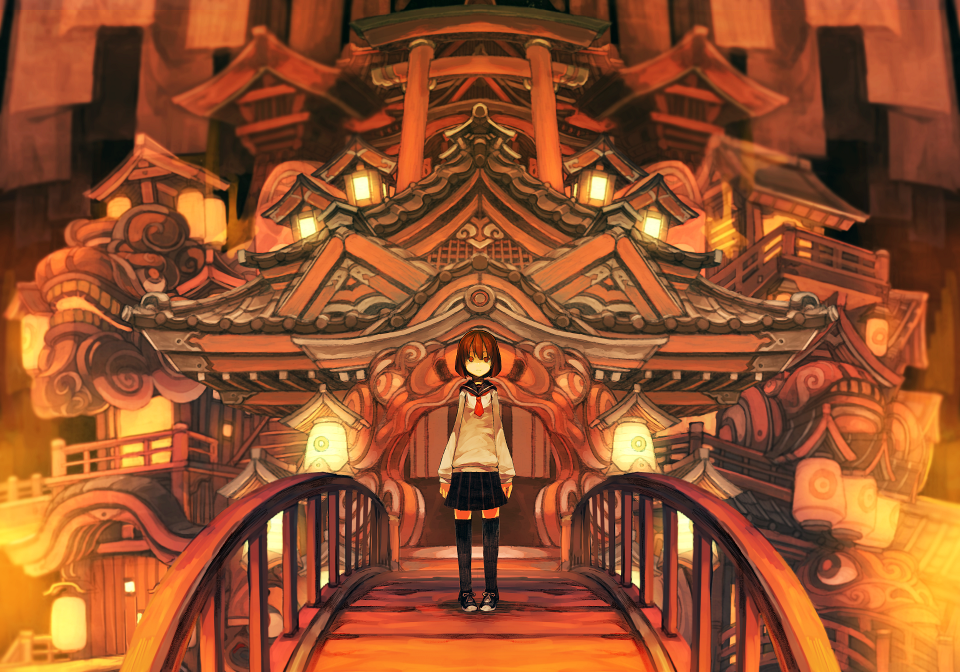 Anime-style original HD desktop wallpaper depicting a girl standing on a bridge facing an intricate, warmly lit traditional Japanese building.