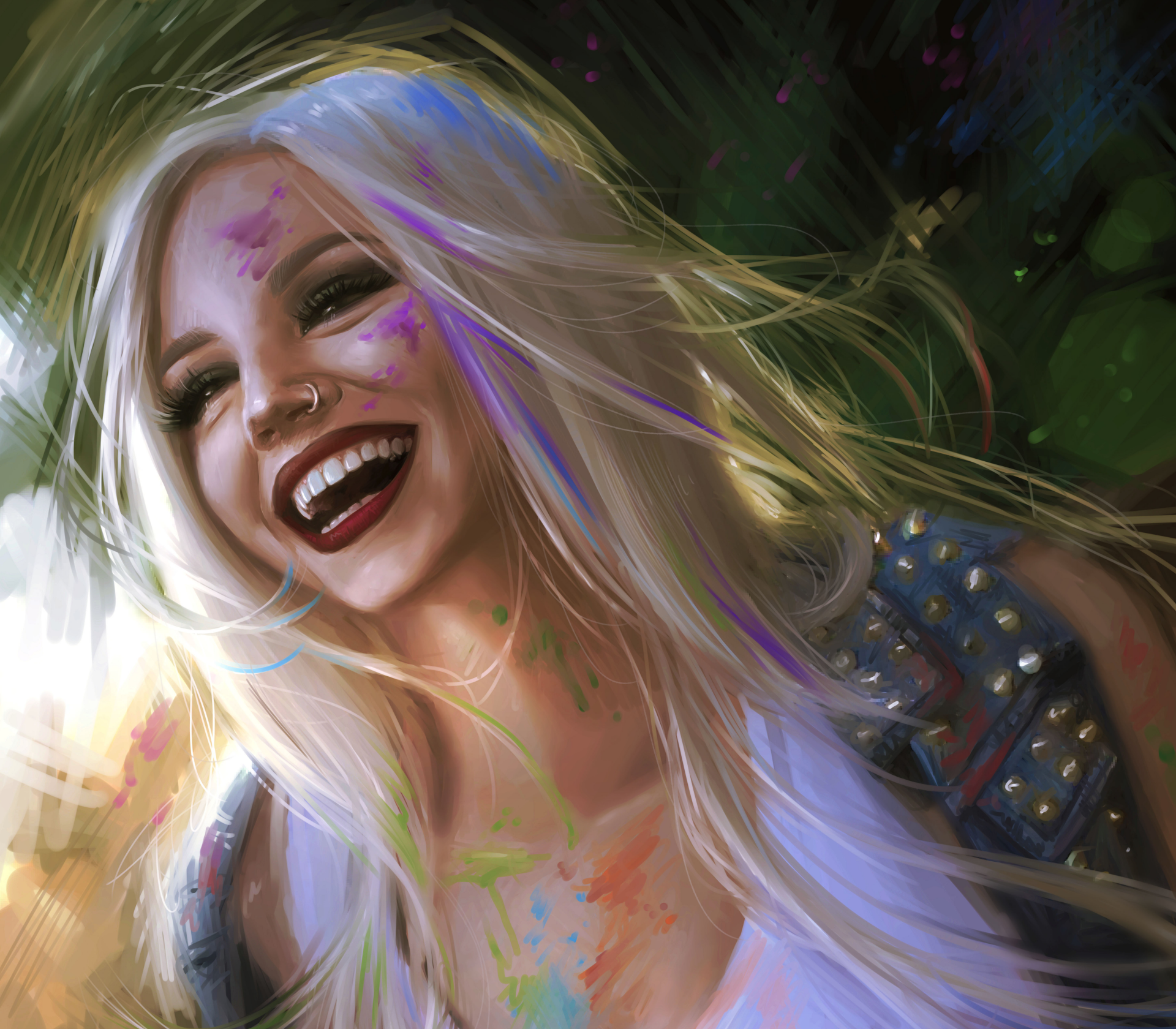 A blonde woman smiles brightly, showcasing bold lipstick against an artistic, colorful background. This vibrant image serves as a stunning 4K Ultra HD desktop wallpaper.